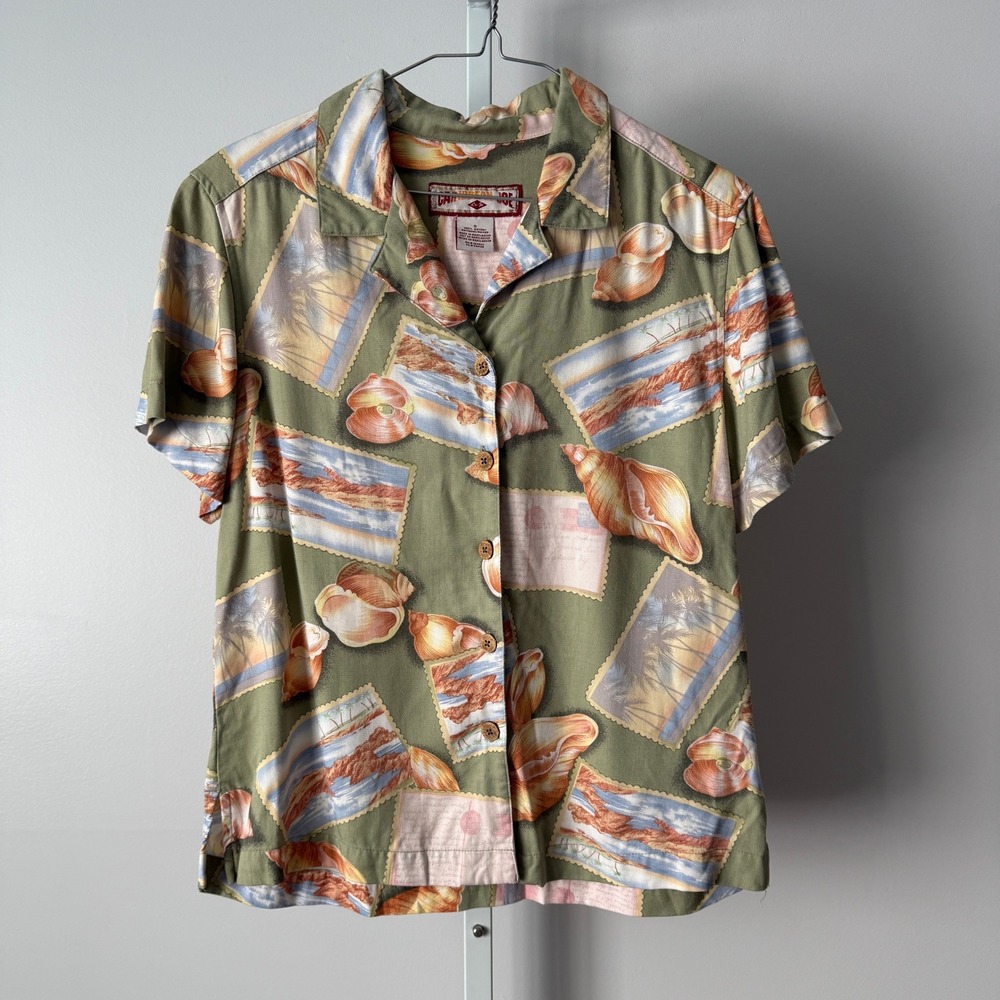 Caribbean Joe S Green Button Up Seashell‎  Shirt Beachy Vacation Resortwear